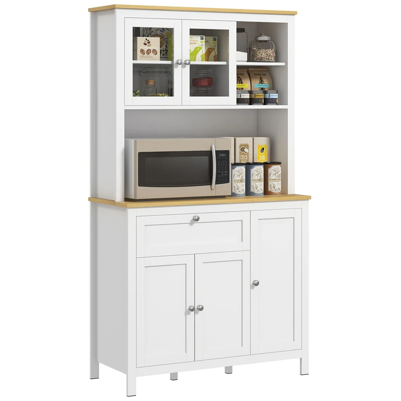 Keukenkast – Keukenbuffet – Vitrinekast – Opbergkast – Hoge Kast – 5 Deuren Inclusief 2 Glazen Deuren – Met Lade En Kabeldoorvoer – 180 cm Hoog – Witte MDF Afwerking