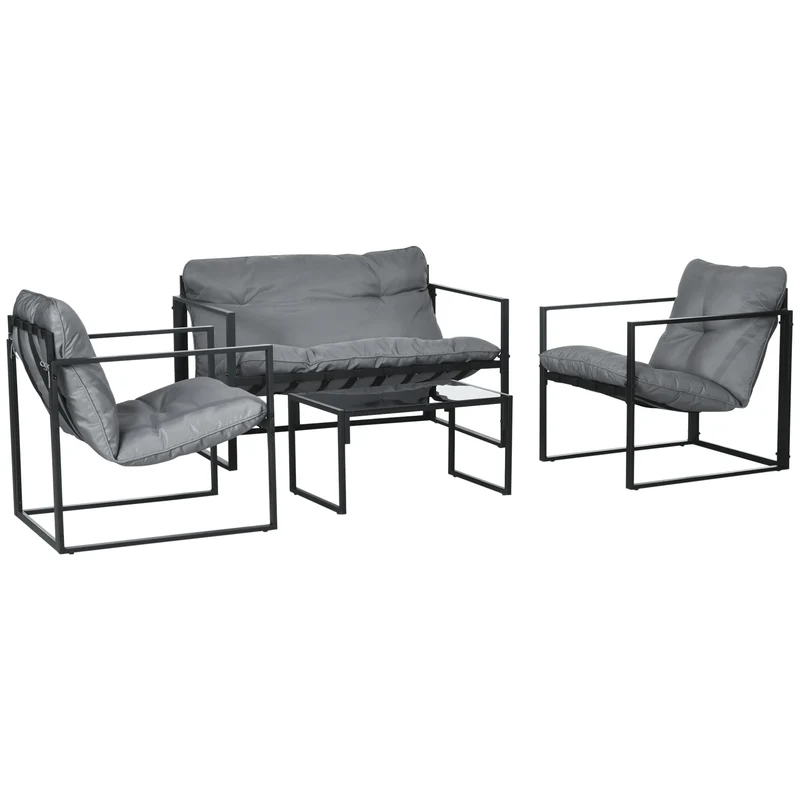 Outsunny 4pcs 4-Person Patio Set with 2-Seater Sofa, 2 Armchairs And 1 Coffee Table with 3 Cushions for Garden Patio - Black Steel Grey Polyester
