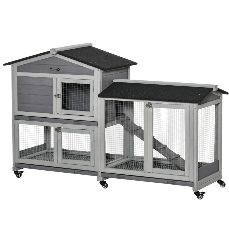 Konijnenhok – Konijnenren – Knaagdierenhok – Dierenverblijf – Houten Kooi – Met Wieltjes – 2 Verdiepingen – 3 Schuifladen – 157,4x53x99,5 cm – Grijs