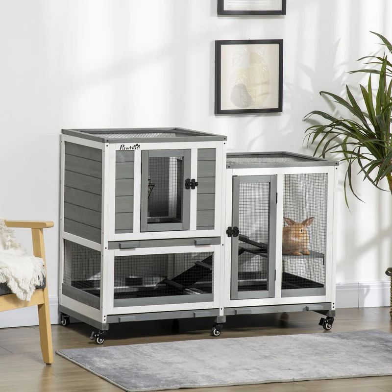 Kippenren Houten Hokken Kippenhok Binnenren Kippenschuur – Grijs Wit – 3 Verdiepingen Met Trap – Wieltjes Met Vergrendeling – Ruim 110x50x86 cm