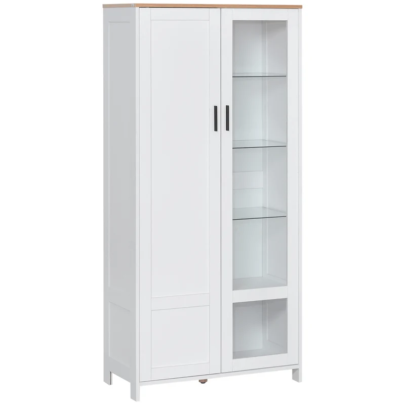 Buffetkast – Keukenkast – Dressoir – Opbergkast – Vitrinekast – 7 Planken Inclusief 3 Glazen Planken – Wit Met Houten Blad – 76x36x160 cm