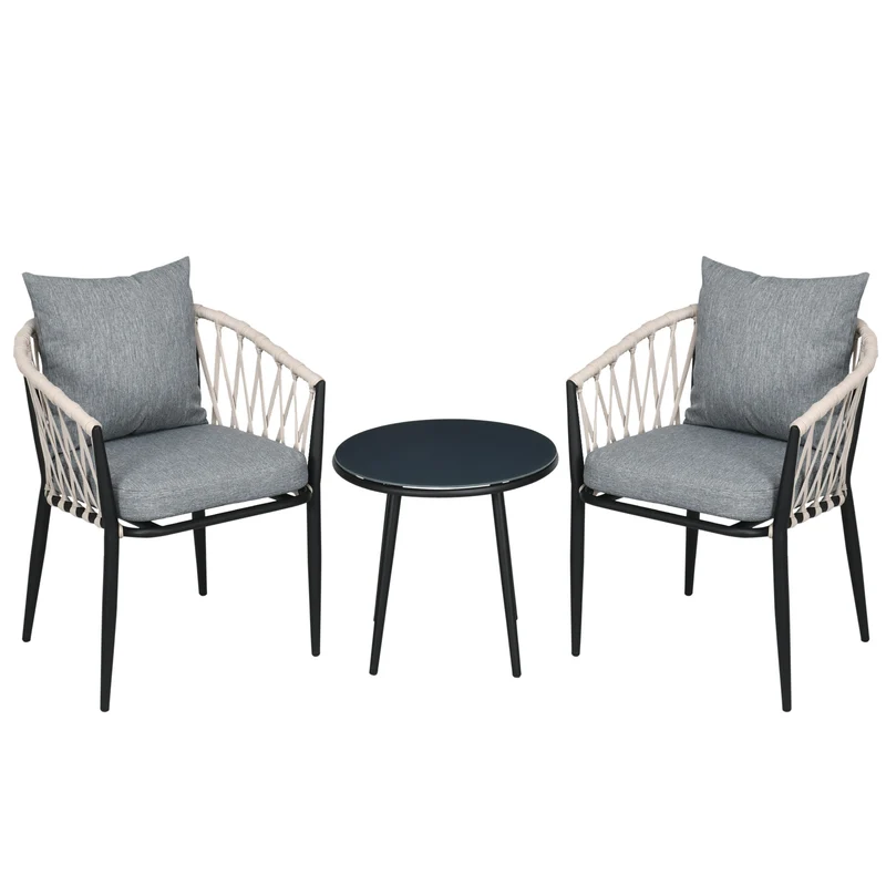 Tuinset – Bistroset – Balkonset – 2-Persoons Zitgroep – Loungeset – 2 Fauteuils Met Kussens – Rond Tafeltje Met Geharde Glasplaat – Weerbestendig Metalen Frame – Compact Ontwerp