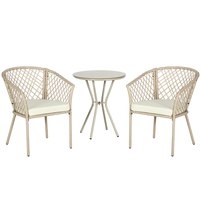 Bistroset – Tuinset – Balkonset – Tuintafelset – Buitenmeubelset – 3-delig – Met Kussens – Ronde Tafel Met Gehard Glas – Weerbestendig Rattan Effect – Beige