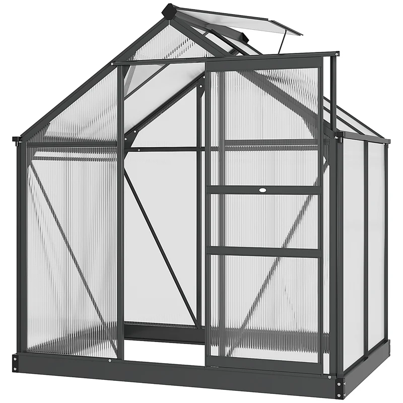 Polycarbonaat Kas – Tuinkas – Serre – Groentekas – Kweekkas – Aluminium Frame – Dubbelwandig Polycarbonaat – 2,51 m² – UV-Bestendig – Versterkte Basis – Schuifdeur – Goot – Grijs