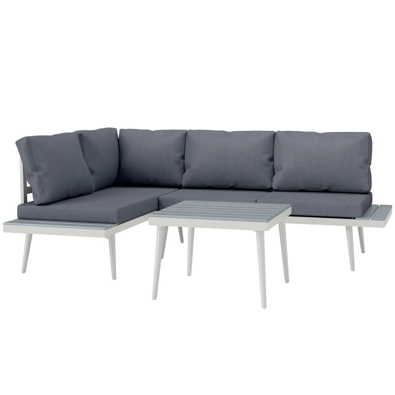 Loungeset Tuin – Tuinmeubelset – Balkonmeubels – Loungemeubelen – Tuintafel Set – 3-delig Modular – Verstelbare Zitplaatsen – Robuuste Stalen Frame – Houtlook Tafelblad – Afneembare Wasbare Kussens – Ademend Textiel