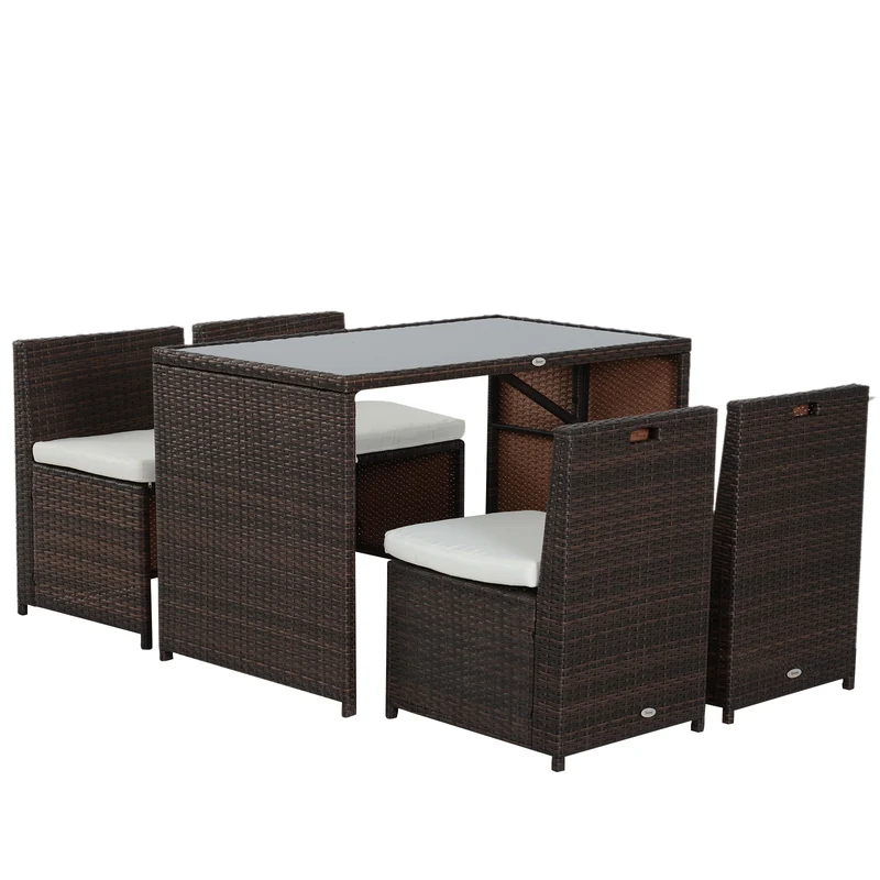 Tuinmeubelset – Loungeset – Tuinbank – Balkonset – Zitgroep – Poly Rattan – 5-delig – Weerbestendig Aluminium Frame – Incl. Khaki Kussens – Bruin