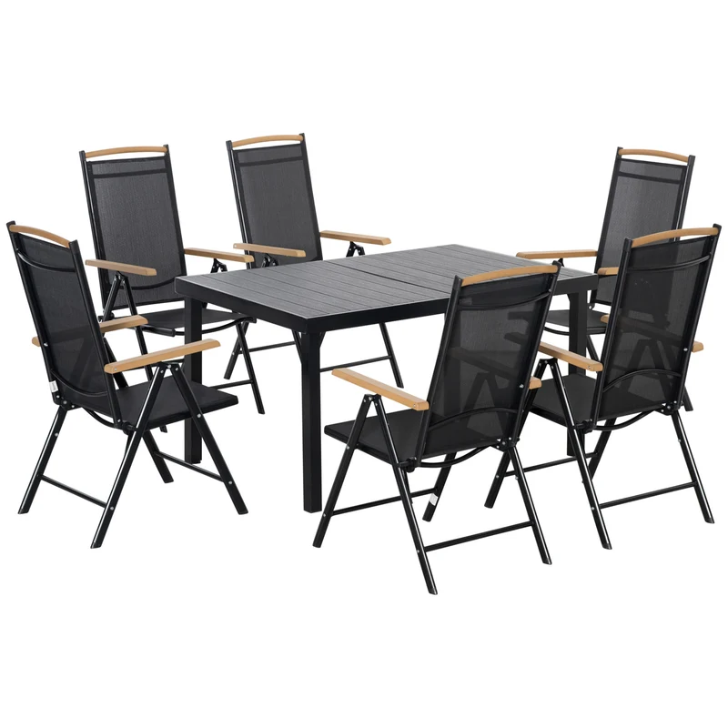 Tuinset 6 Personen – Tuinmeubelset – Buitenmeubelen – Terrasset – Balkonset – Verstelbare Rugleuningen – Duurzaam Aluminium Frame – Houtlook Tafelblad – Inklapbare Stoelen – Zwart