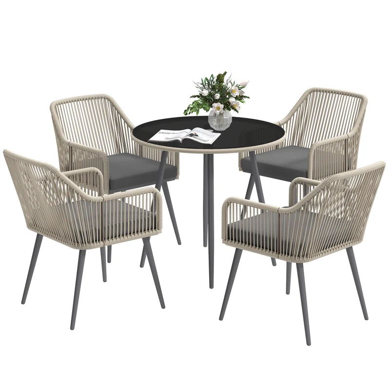 4-persoons tuinset – tuinstoelen – tuinmeubelset – buitenmeubilair – loungeset – PE-rattan met metalen frame – ronde tafel met gehard glas en parasolgat – kussens met afneembare hoezen – compact design chestnut bruin
