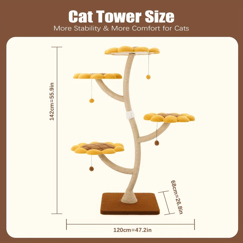 141.99cm Tall Sunflower Cat Tower for Large Cats - Sturdy Alloy Multi-Level Cat Tree with 4 Plush Flower Perches, Sisal Scratching Posts & Hanging - Modern Indoor Activity Center for Play & Relaxation, Cute Cat Tree, Feline A
