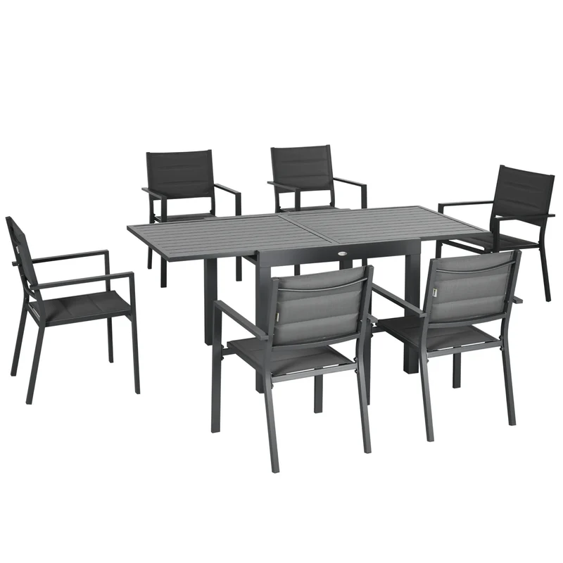 Tuinmeubelset – Tuinset – Balkonset – Terrasmeubels – Buitenmeubelen – Uitschuifbare Tafel 90-180 cm – 6 Stapelbare Stoelen – Aluminium & Textilene – Grijs