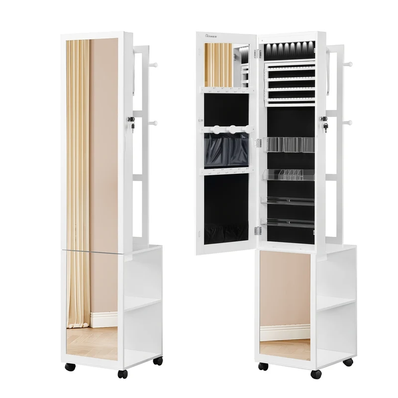 Verticale Sieradencabinet – Sieradenkastje – Spiegelkast – Organizer – Accessoirekast – Met Slot en Wieltjes – MDF met Fluwelen Voering – 36x40x170 cm – Wit/zwart