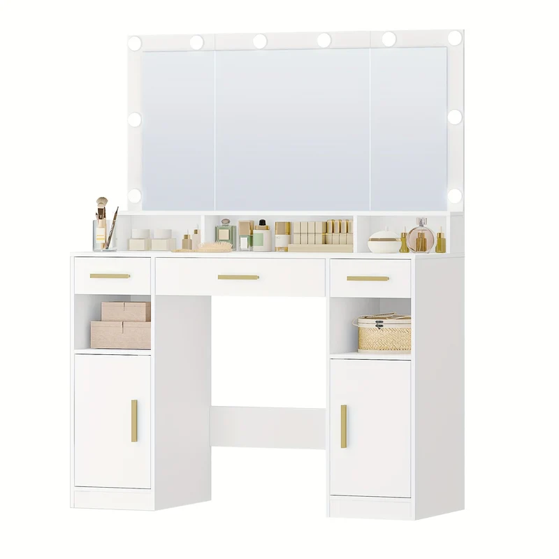 Make-up Tafel – Kaptafel – Make-up Bureau – Vanity – Sieradekast – Wit Met Gouden Accenten – Grote Spiegel Met LED-verlichting – 3 Laden En 2 Kastjes