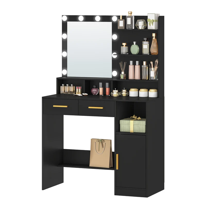 Kaptafel – Make-up Tafel – Dressing Table – Schminktisch – Toilettafel – Zwarte Kaptafel – Verstelbare LED-Verlichting – Veelzijdige Opbergruimte met Laden en Kastje