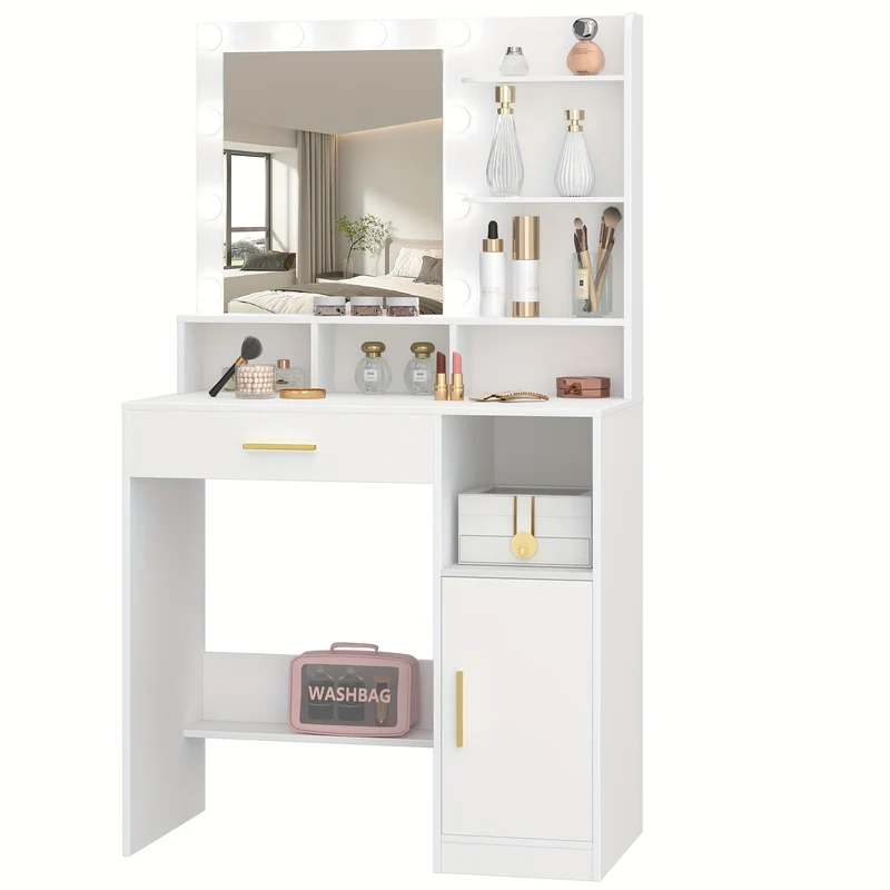 Make-uptafel – Kaptafel – Schminktafel – Dressoir – Vanity – Wit – Met Spiegel en 10 LED Lampjes – 3 Verstelbare Helderniveaus – Veel Opbergruimte met Lade en Kastje