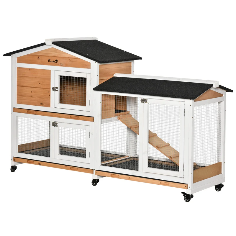 Konijnenren – Houten Knaagdierenhok – Buitenren – Knaagdierverblijf – Ren Op Wielen – 2 Niveaus – 3 Uittrekbare Schuifbakken – Geel – 157,4x53x99,5 cm – Waterafstotend
