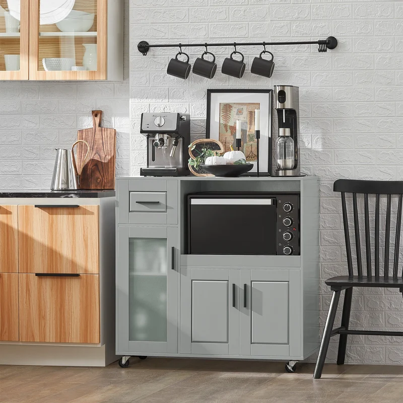 Keukenkastje op Wielen – Keukentrolley – Opbergkast – Servieskast – Rollende Kast – Verstelbare Plank – Grijs MDF & Glas – Draagkracht 60 kg
