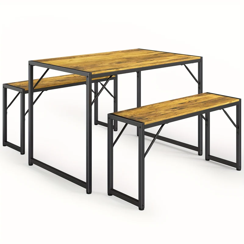Vintage Tuinset – Tafel En Banken Set – Eettafel Set Voor 4 Personen – Balkonset – Bistroset – Compact Ontwerp – Stevig Stalen Frame – Waterafstotend Materiaal