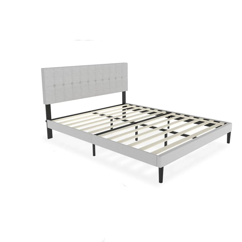 Bedframe – Bed – Ledikant – Slaapkamermeubel – Boxspring – Lichtgrijs Linnen – Gestoffeerd Hoofdeinde – 140x200 cm – Modern Design – Eenvoudige Montage