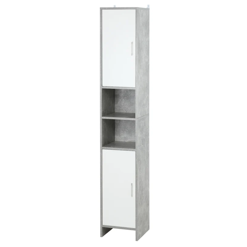 Kolomkast Badkamer – Badkamerkast – Opbergkast – Kolomopberger – Vloerkast – Cementlook Wit – Ruimtebesparend Compact – 2 Deuren Met Verstelbare Planken