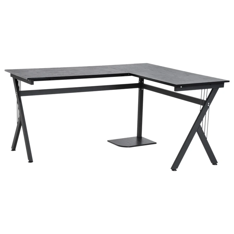 Hoekbureau – Computerbureau – Bureau – Werkplek – Bureau Met Opbergruimte – Zwart MDF Blad – Robuust Stalen Frame – 155x130x76 cm – Anti-slip Pootdoppen