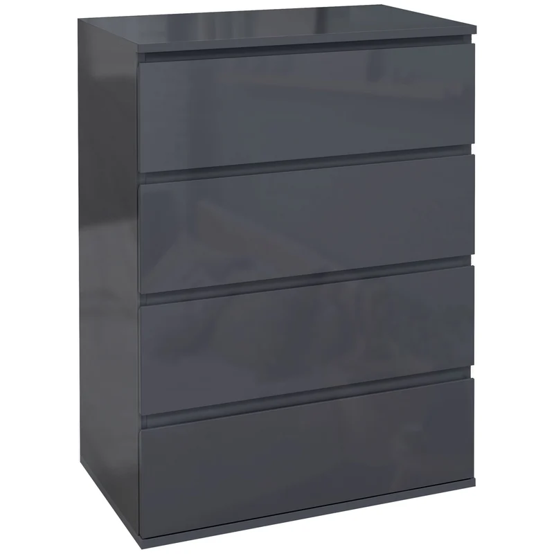 Ladekast – Ladenkast – Commode – Opbergkast – Dressoir – 4 Lades – Soft-Close Mechanisme – Glanzende Grijze Afwerking – 55 x 33 x 80 cm