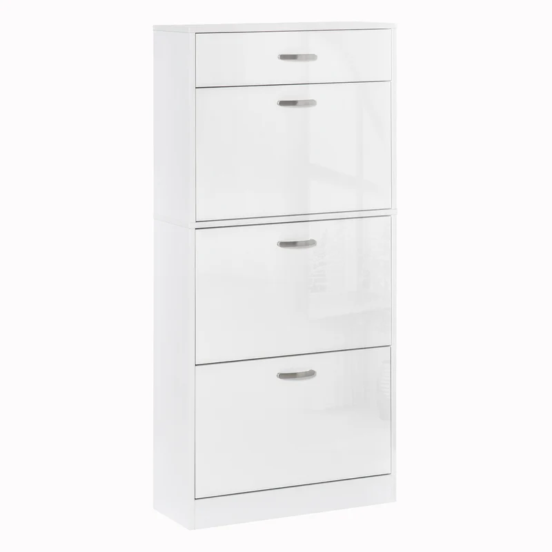 Schoenenkast – Schoenrek – Schoenopberger – Schoenmeubel – Opbergkast – Wit – Aluminium Handgrepen – 18 Paar Schoenen – Vouwdeuren Met Schuiflade