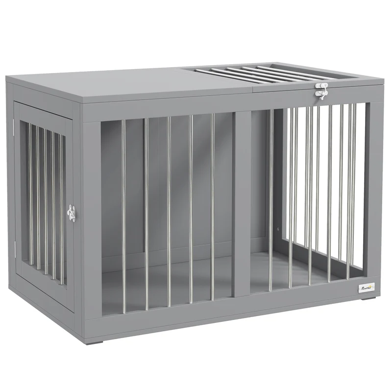Hondenbench – Hondenkooi – Binnenkennel – Hondenhuis – Reisbench – 2 Afsluitbare Deuren – Verhoogde Bodem – Modern Grijs – 80 x 50 x 56,5 cm