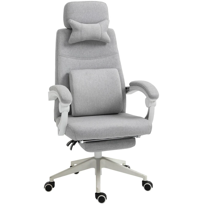 Bureaustoel – Kantoorstoel – Draaistoel – Gamestoel – Office Chair – Verstelbare Rugleuning – Inklapbare Voetensteun – Linnen Bekleding – 360° Wieltjes – Ergonomisch Design – Verstelbare Zithoogte – Grijs – 62x68x127 cm