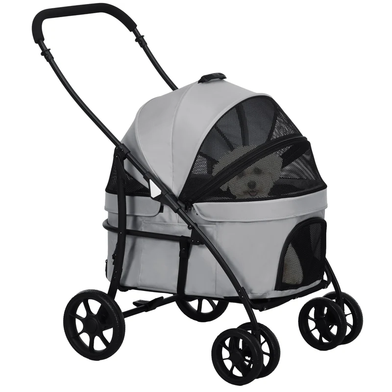 Hondenwagen – Wandelwagen – Dierenwagen – Puppywagen – 2-in-1 Opvouwbaar – Lichtgewicht Stalen Frame – Waterbestendige 600D Oxford Bekleding – Grijs