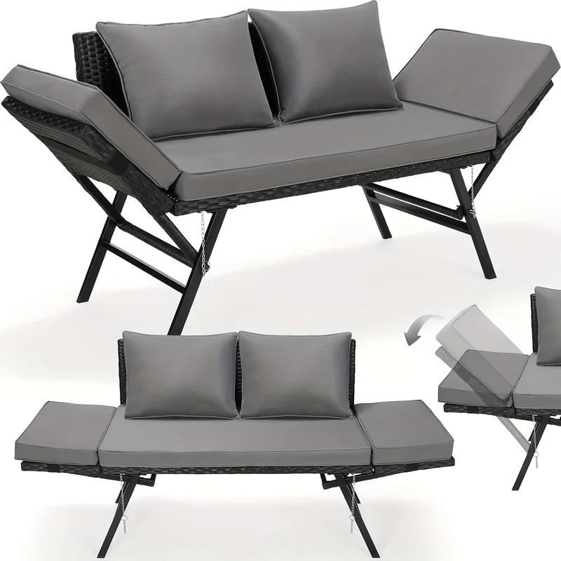 Tuinbank – Tweezitsbank – Loungesofa – Rattanbank – Balkonbank – Verstelbare Rugleuning – Weerbestendig PE Polyrattan – Grijs Rattan + Grijze Mat