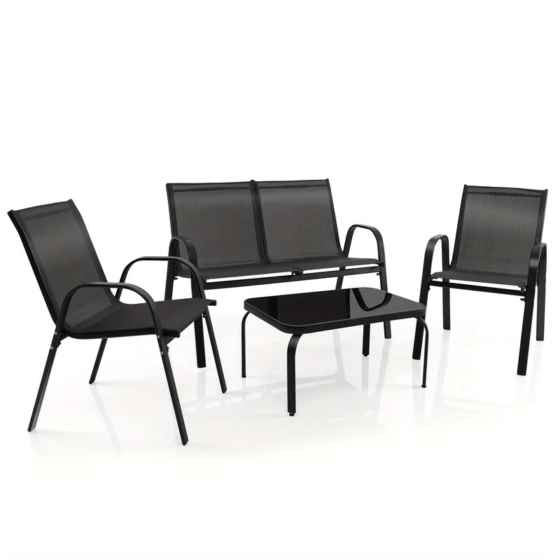 4pcs Garden Furniture Set, Balcony Furniture, Patio Furniture, Seating Group, Seating Set for 4 Persons, Garden Set Incl. 2 Chairs, Bench & Table, for Balcony, Terrace, Garden