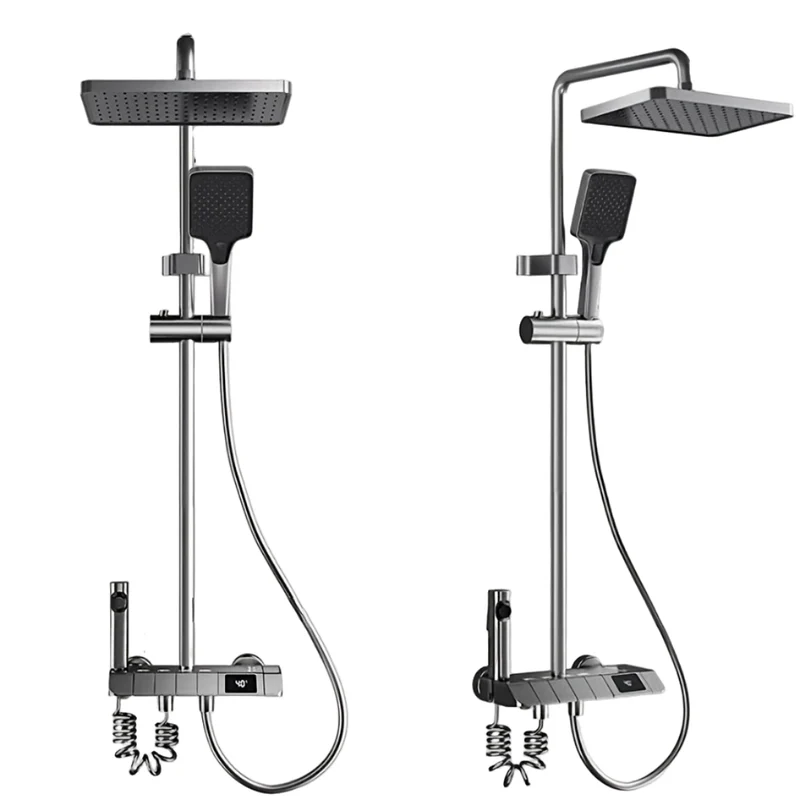 A Set of Brass Gun Gray Household Shower Head Kit. Intelligent Boosting System. Piano Button. LED Intelligent Thermostat. Four-Function Handheld Shower. Bathroom Shower Kit.