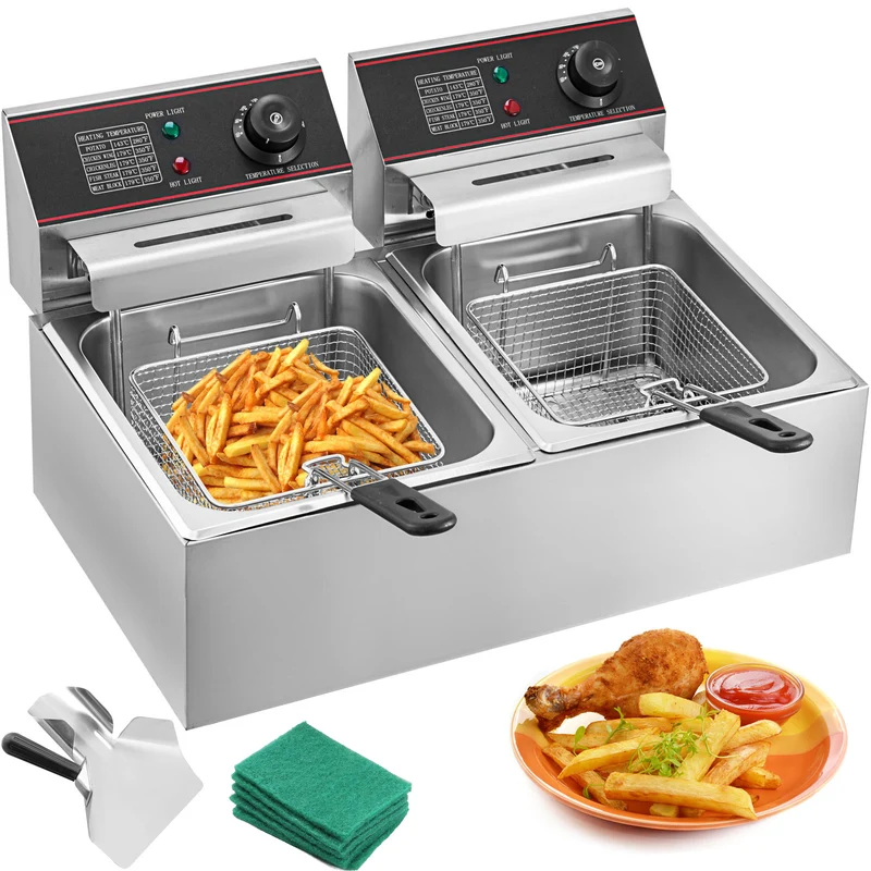 Friteuse – Frituurpan – Dubbele Frituurpan – Elektrische Friteuse – Koude Zone – 12 Liter Capaciteit – RVS Materiaal – 5000 Watt Vermogen