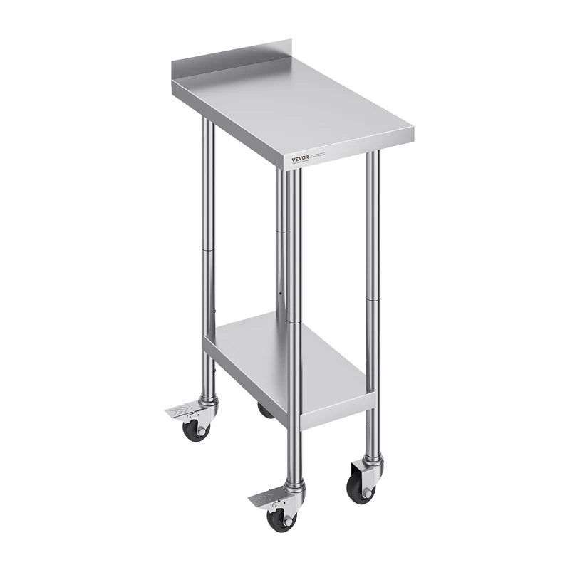 Werktafel – Werkbank – RVS Tafel – Keukentafel – Opbergsysteem – Roestvrij Staal SUS201 – 3 Verstelbare Legplanken – Zwenkwieltjes Met Rem