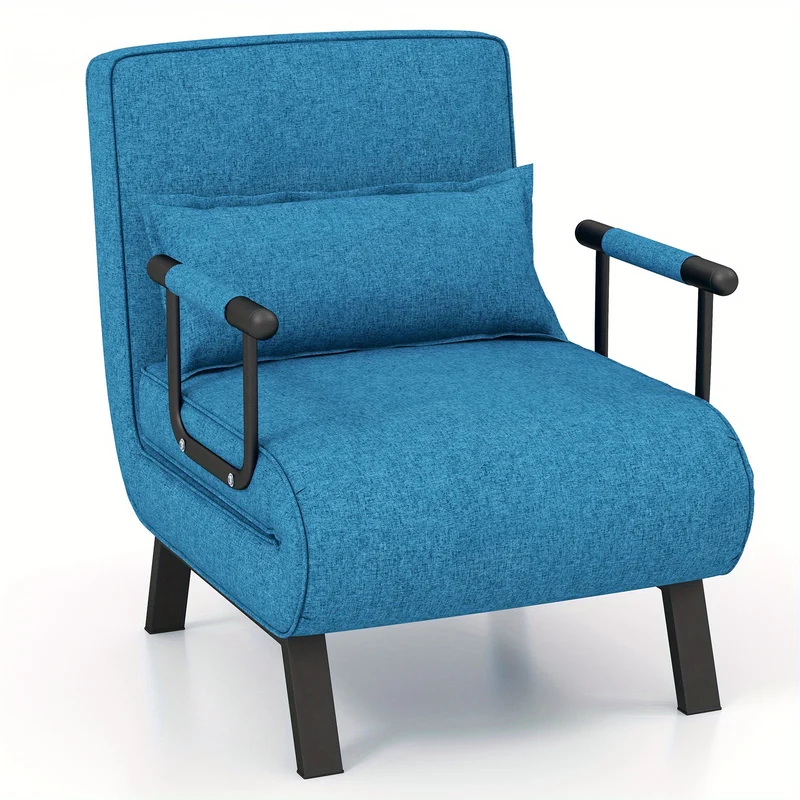 Relaxstoel – Fauteuil – Ligstoel – Slaapstoel – Loungestoel – Verstelbaar in 6 standen – Wasbaar kussen – Blauwe linnen bekleding