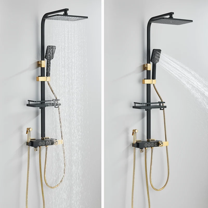 Regendouche – Douchesysteem – Douchekop – Handdouche – Waterval Douche – Zwart-Gouden Afwerking – Messing Materiaal – Thermostatische Mengkraan