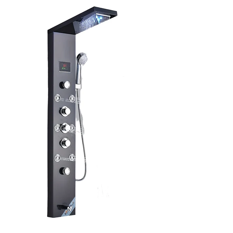 doucheset – douchepaneel – shower panel – regendouche – handdouche – 6 functies – roestvrij staal mat zwart – massagestralen en watervalstraal