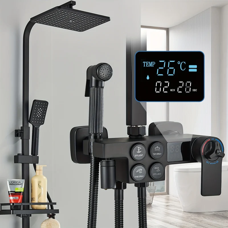 Thermostatische Doucheset – Regendouche – Douchekraan – Handdouche – Baduitloop – Matzwart – Messing – Digitale Temperatuurweergave