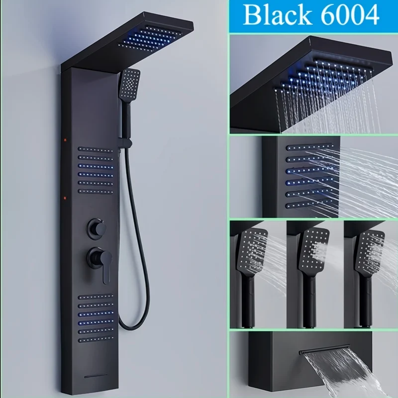 5-in-1 Stainless Steel Shower Panel Tower System with Rainfall Showerhead, Waterfall Spout, Handheld Shower & Tub Spout - High-Pressure Wall-Mounted Bath System, Matte Black Finish, Blue Backlit Controls, Easy Installation (N