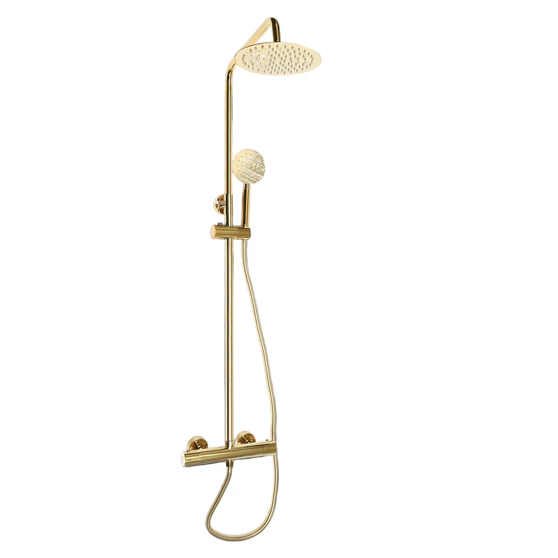 Regendouche – Douche Set – Douchepakket – Douchekolom – Douche Systeem – Thermostaat – Gouden Messing Afwerking – 20 cm Draaibare Topdouche – Instelbare Sproeistanden