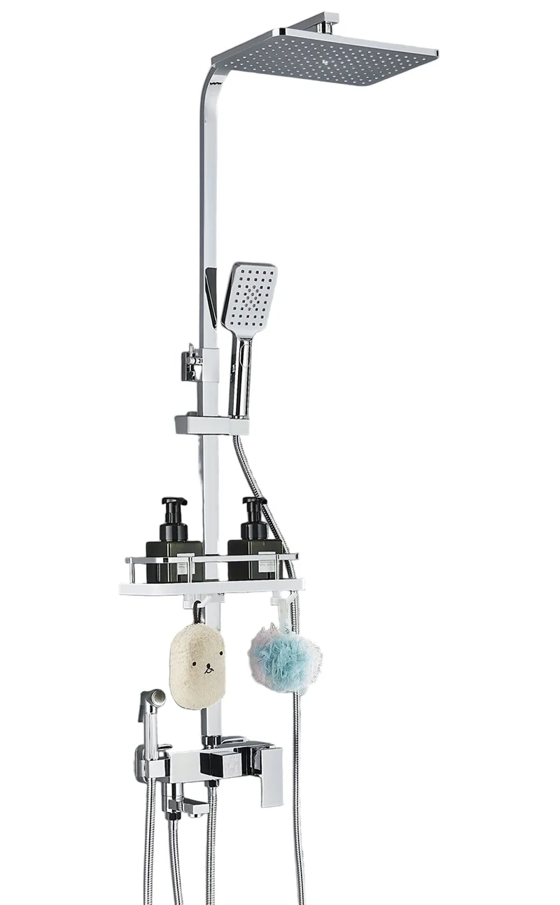 Regendouchesysteem – Douchekraan – Doucheset – Wanddouche – Handdouche – 4-in-1 Functie – Verstelbare Glijstang – Chrome Afwerking – Ingebouwd Opbergrek