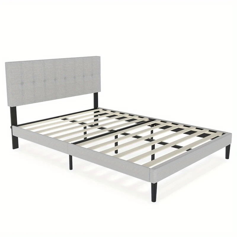 Gestoffeerd Bed – Linnen Bed – Bedframe – Slaapbed – Bed Met Hoofdbord – Lichtgrijs Linnen Bekleding – Stevige Houten Constructie – Stil En Comfortabel