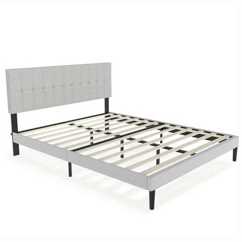 Gestoffeerd Bed – Bedframe – Slaapbank – Eenpersoonsbed – Tweepersoonsbed – Linnen Hoofdbord Met Knopen – Stevig Houten Frame – Lichtgrijs – 140 x 200 cm