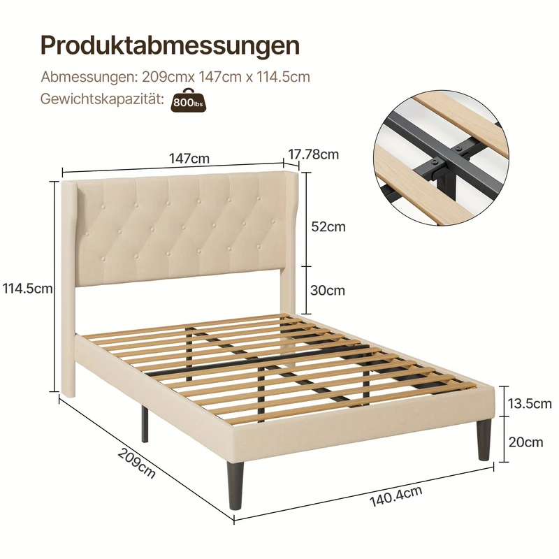 Gestoffeerd Bedframe – Gestoffeerd Bed – Bedframe Met Bekleding – Slaapkamerbed – Lattenbodem Bed – Beige Kleur – 20cm Opbergruimte – Stevig Houten Frame