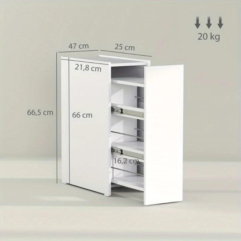 Smalle Opbergkast – Smalle Kast – Opbergsysteem – Badkamerkast – Organizer – Wit – Met Wieltjes – 3 Diepe Vakken & Lade – Metaal – Compact 47x25x66,5 cm