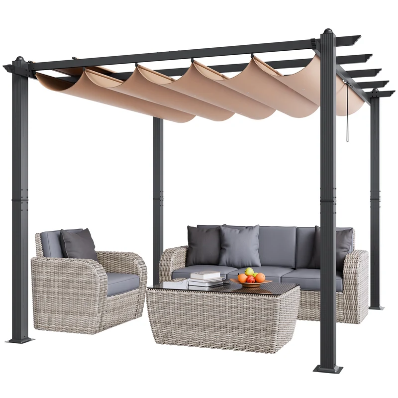 Pergola – Tuinpaviljoen – Terrasoverkapping – Zonwering – Buitenverblijf – Aluminium Frame – Uitschuifbaar Zonnescherm 3x3 m – UV-Bescherming