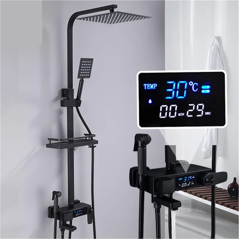 Thermostaatkraan – Thermostatische Douchekraan – Mengkraan – Douchekraan – Regendouche – Messing Materiaal – Digitale Temperatuurweergave – Matzwart