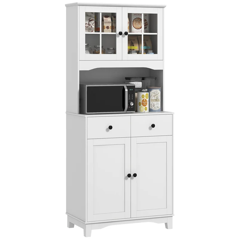 Hoge Keukenkast – Keukenkast Met Laden – Opbergkast – Buffetkast – Vitrinekast – Verstelbare Planken – Kabeldoorvoer Werkblad – Wit Melamine 74,5x40x172 cm