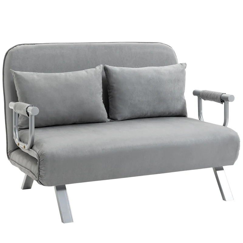 2-zits slaapbank – tweezitsbank – slaapstoel – loungestoel – slaapbed – verstelbare rugleuning – zachte lichtgrijze faux suède – gepoedercoat stalen frame – 111 x 80 x 78 cm