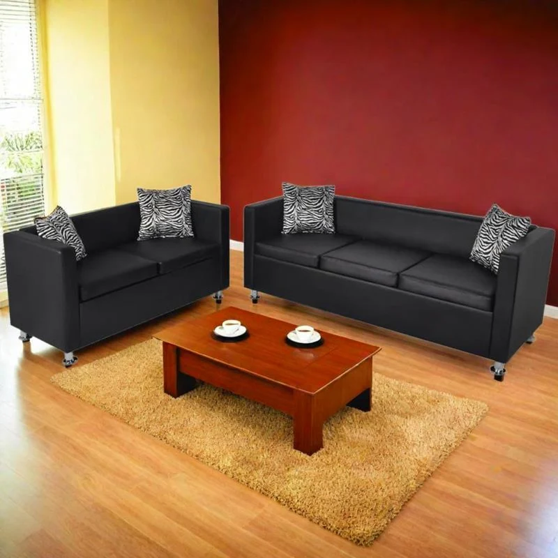 Zwarte Sofa Set – Bankstel – 3-Zits Bank – 2-Zits Bank – Kunstleren Bank – Modern Design – Comfortabele Schuimvulling – Onderhoudsvriendelijk